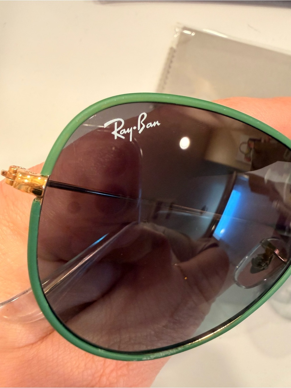 Ray-Ban Gold Frame Aviators with Green Trim and Dark Lenses - Picture 3 of 9